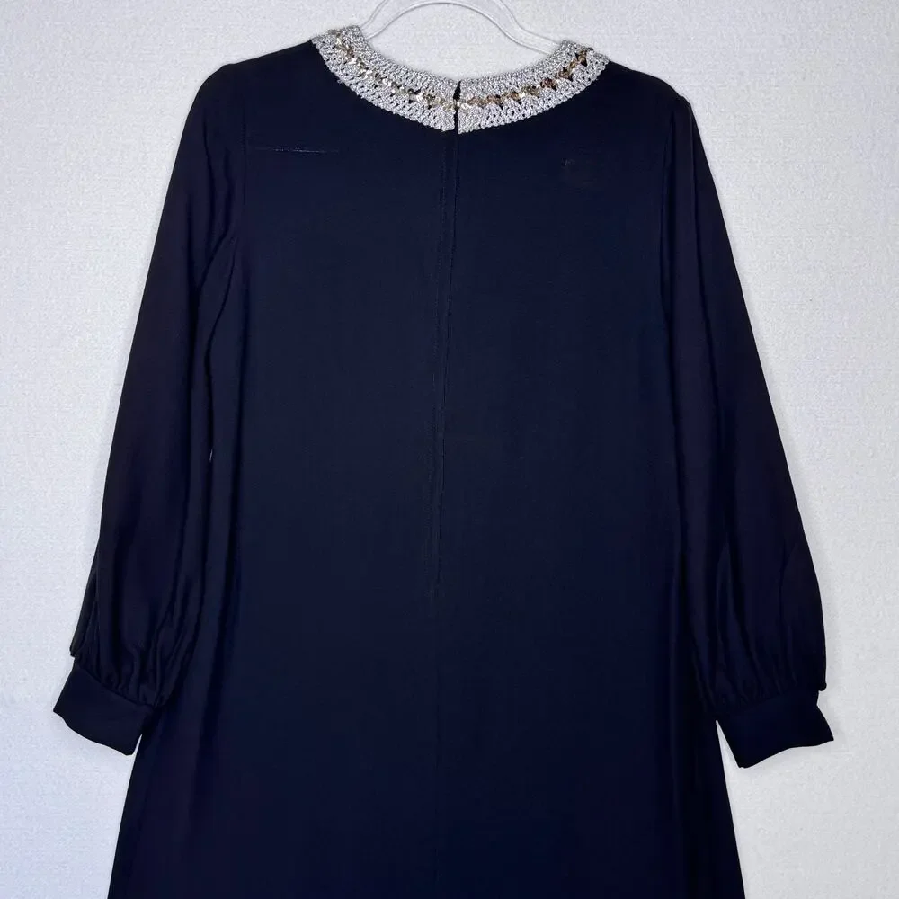 Vintage Black Silver Metallic Sequin Neck Shift A-Line Dress Cocktail M